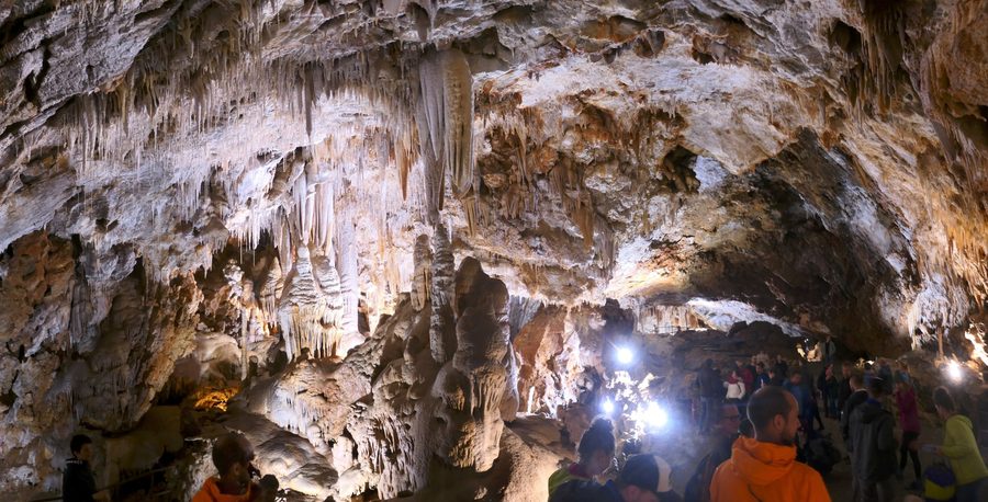 Interior of the Grotte di Borgio Verezzi with stalactites, columns and sinter