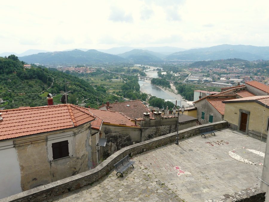 Panorama of the Magra River with Santo Stefano di Magra on the left bank