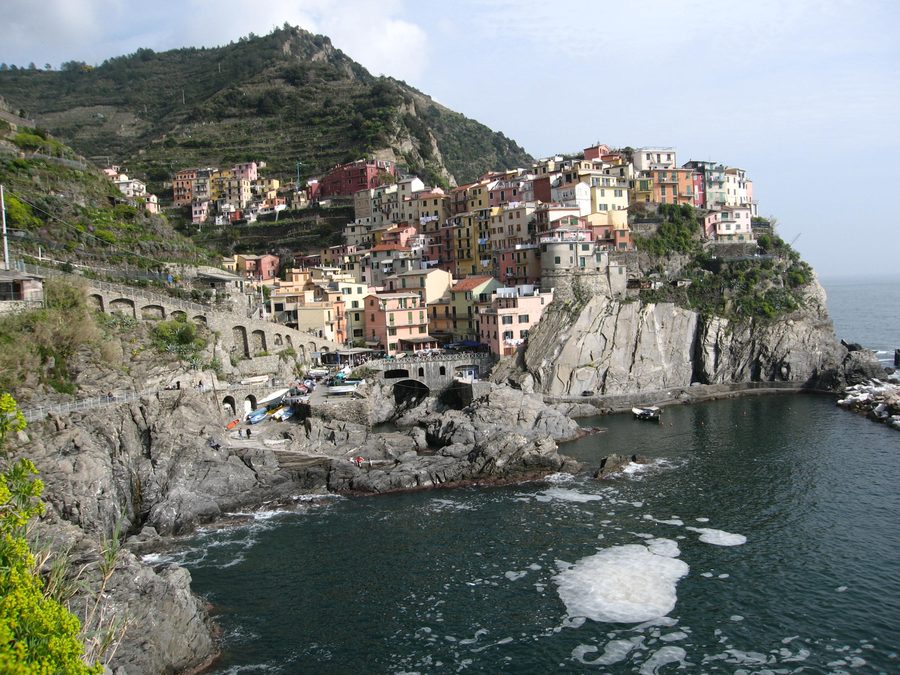 Manarola with densely layered houses on the rocky coastal slope