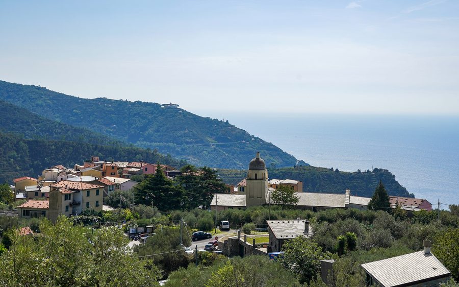 View of Volastra in the Cinque Terre area with the Santuario di Nostra Signora della Salute